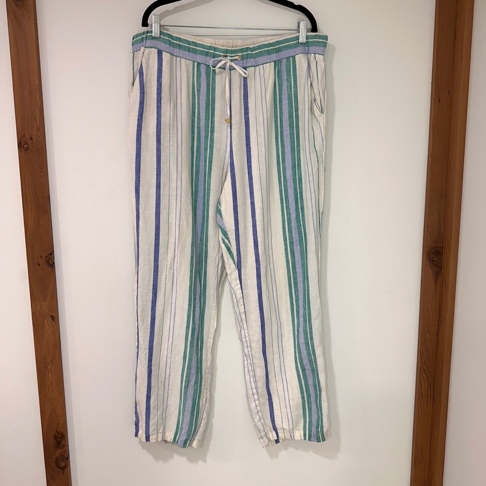 Ellen Tracy Striped Linen Pants Women XL Blue Teal White Drawstring Coastal